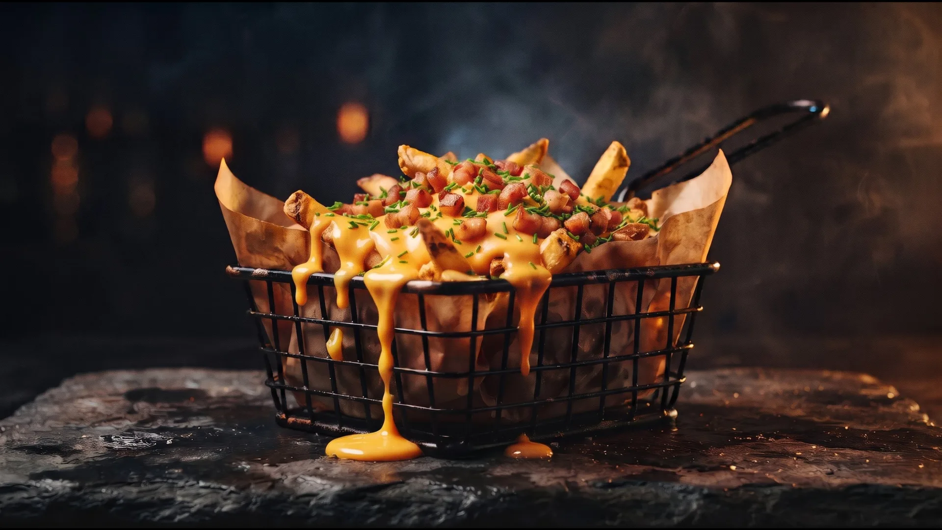 Fritas com queijo e bacon